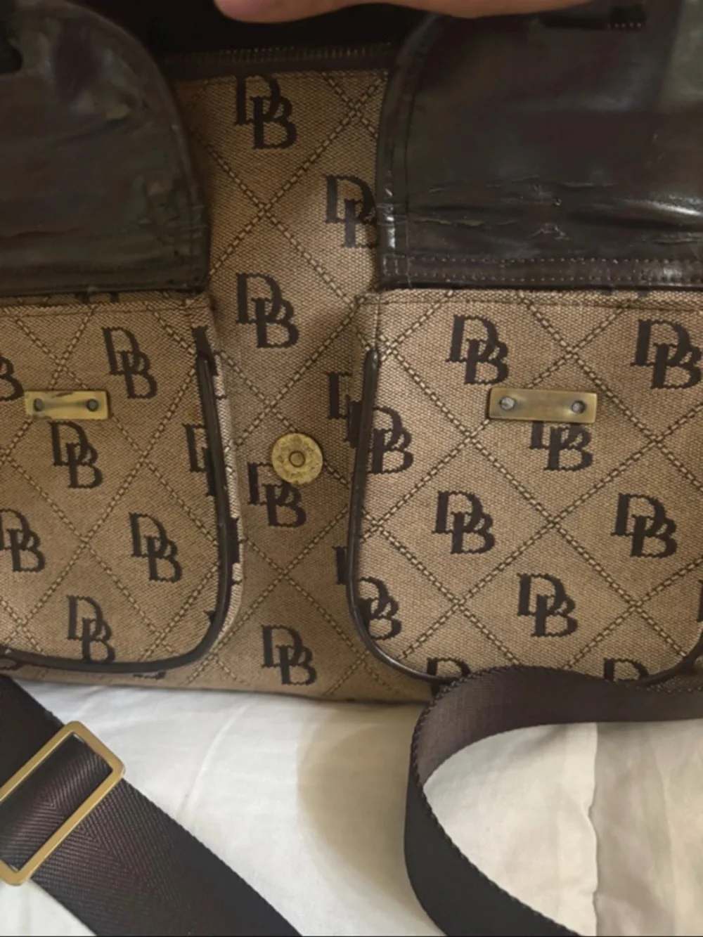 Vintage DB Logo Brown Canvas Crossbody Bag with Dark Brown Trim